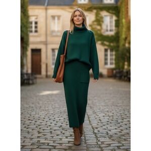 Chouyatou Green Ribbed Knit Turtleneck Sweater & Midi Skirt 2 Piece Set XS